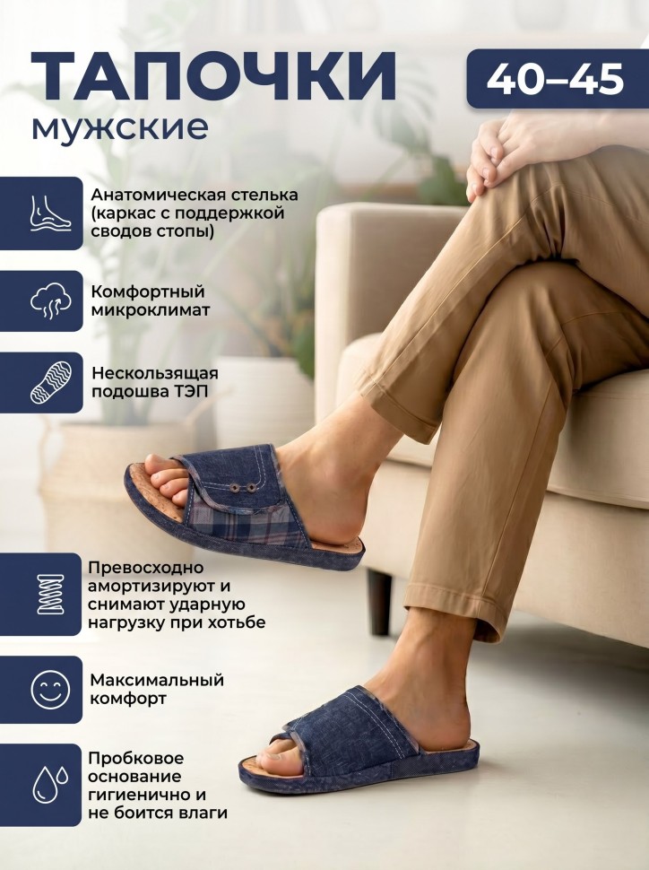 Мужские тапочки TinGo с анатомической пробковой стелькой HM30183 (синий)