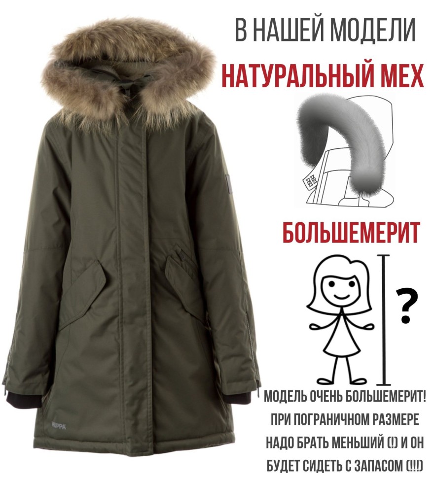 Парка зимняя Huppa VIVIAN 1 12490120-10057 цвета хаки с натуральным мехом