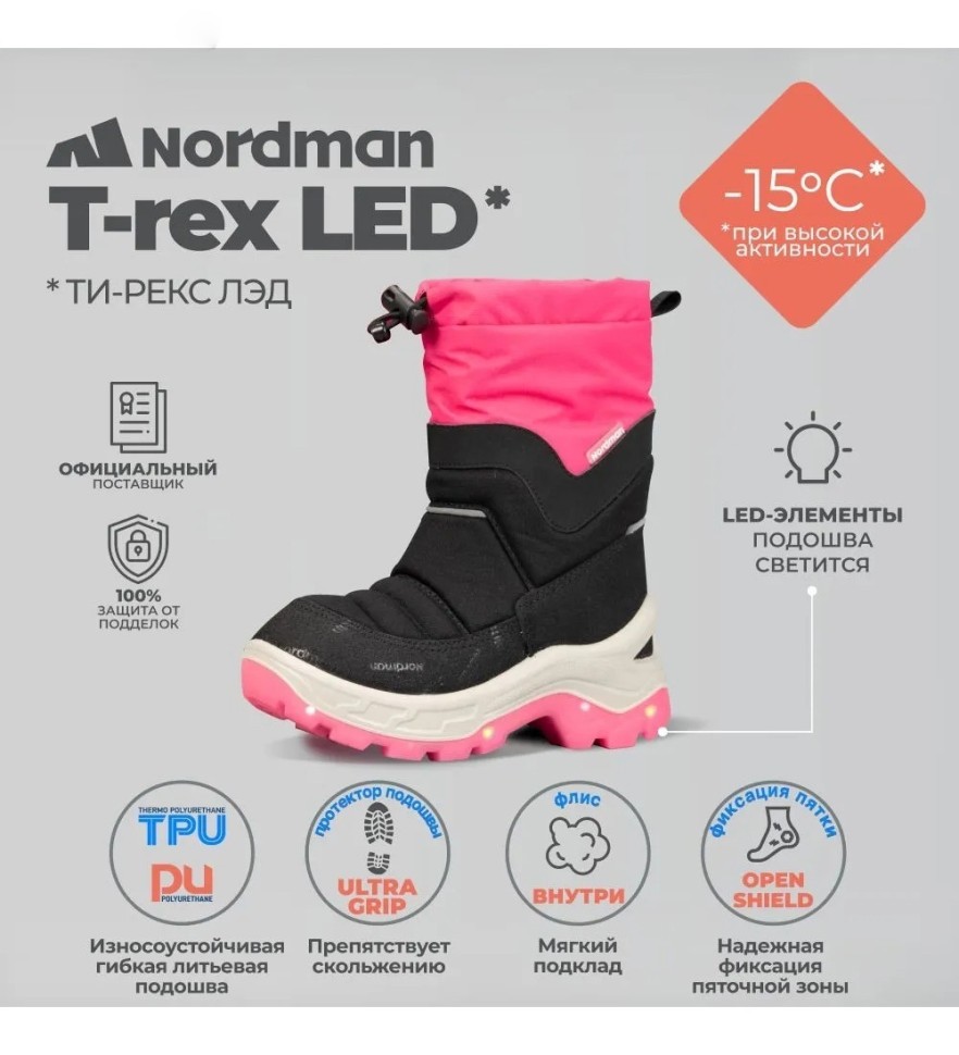Зимние сапоги Nordman T-REX LED с подсветкой 1149-R07-01 (розовый, черный)